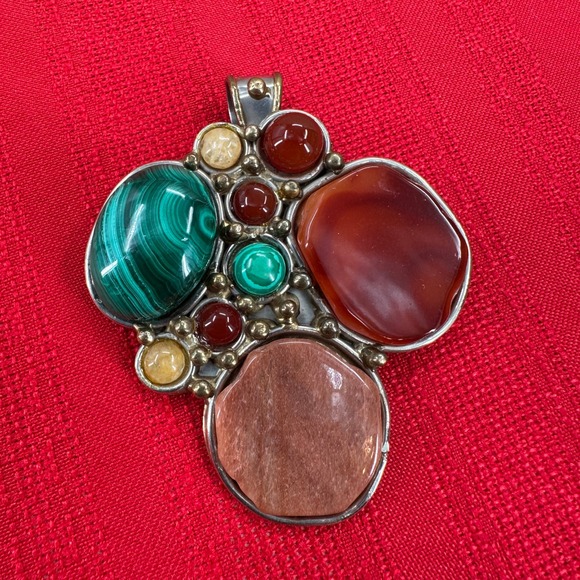 Large Multi Gemstone 925 Sterling Malachite Carnelian Sunstone Statement Pendant